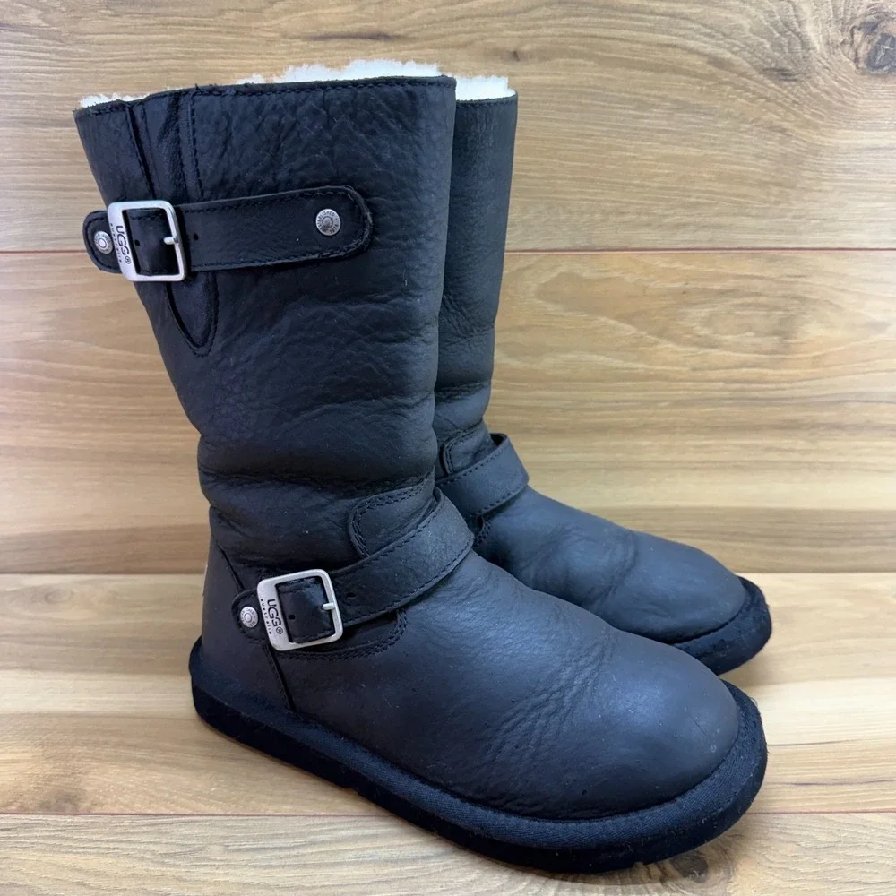 UGG Kensington Tall Boots Womens 7 Black Leather Shearling Sherpa Lined Cozy